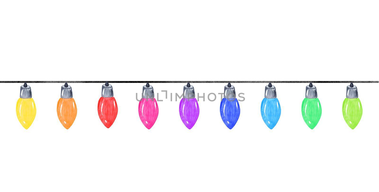 watercolor multicolor glowing garland with lightbulbs isolated on white background. Christmas decoration