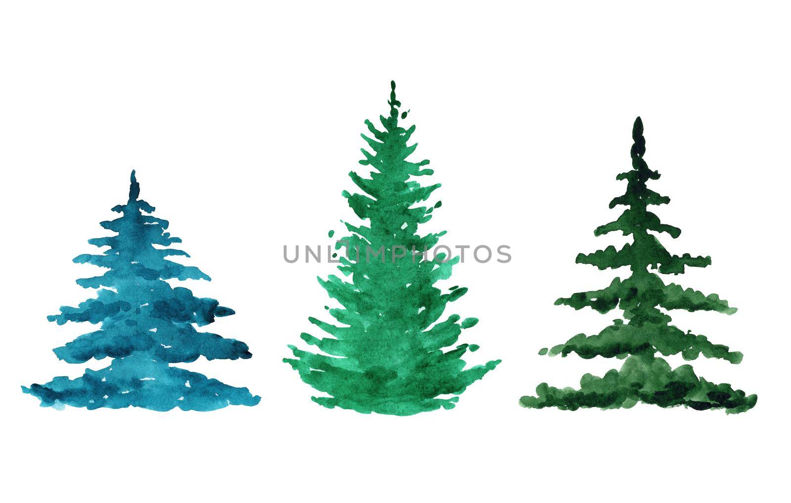 watercolor green trees shapes set isolated on white background