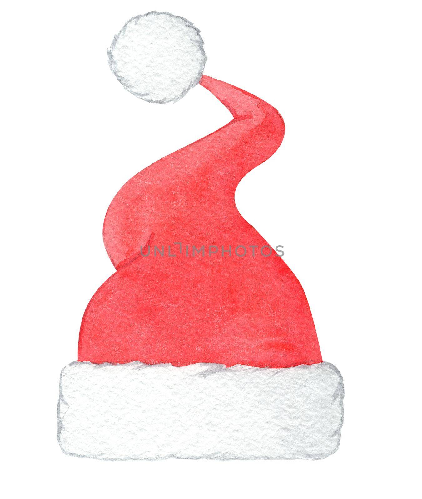 watercolor red santa hat isolated on white background. Christmas decoration