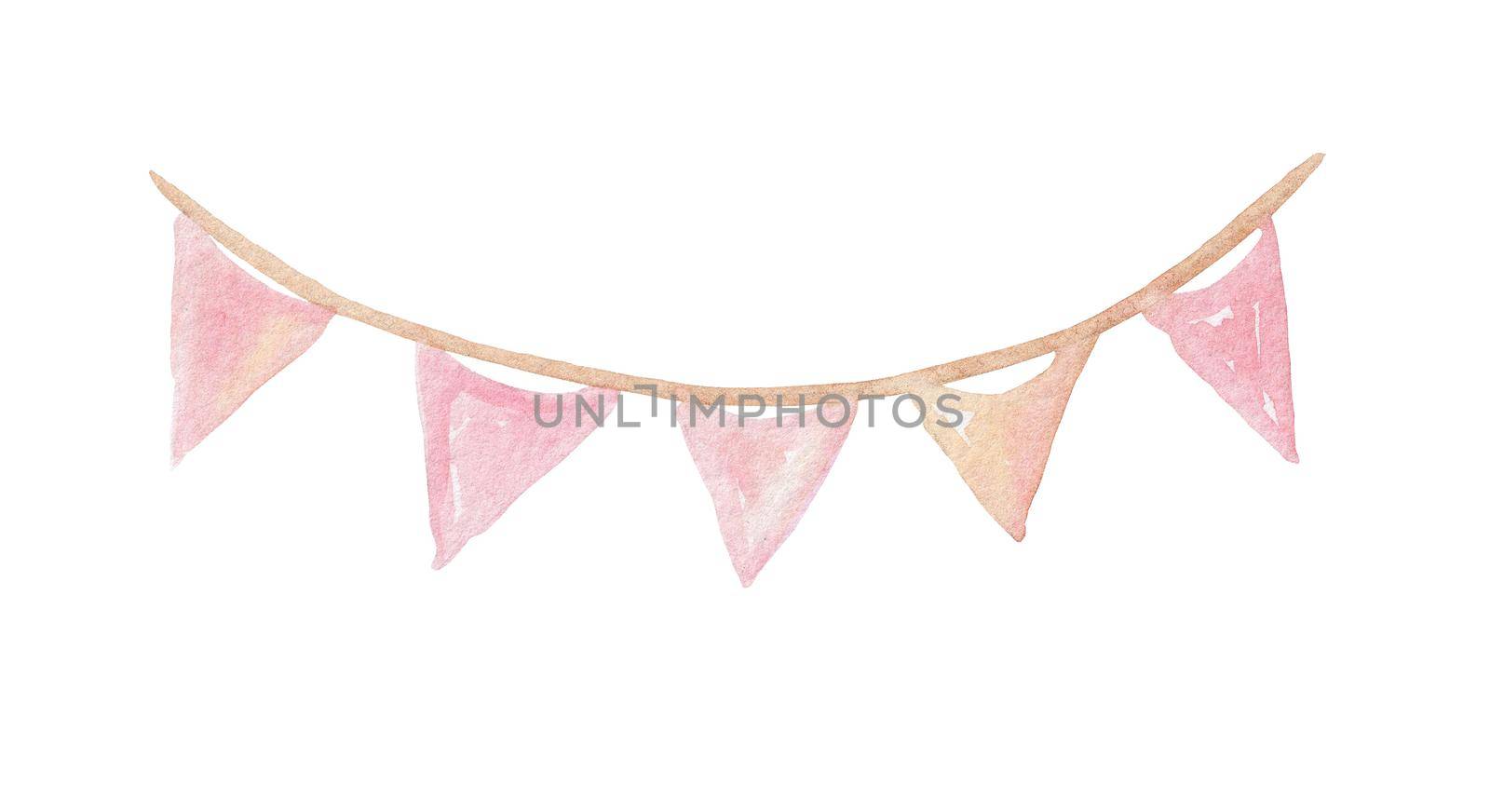 Watercolor cute pink triangle flags garland for holiday and birthday party isolated on white background. Banner for baby shower invitations and cards