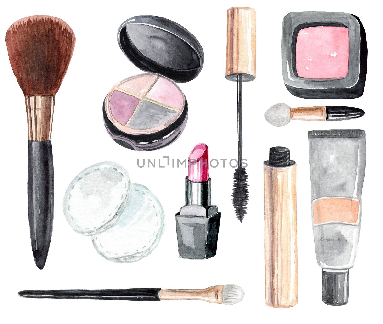 watercolor hand drawn makeup cosmetics set isolated on white background by dreamloud