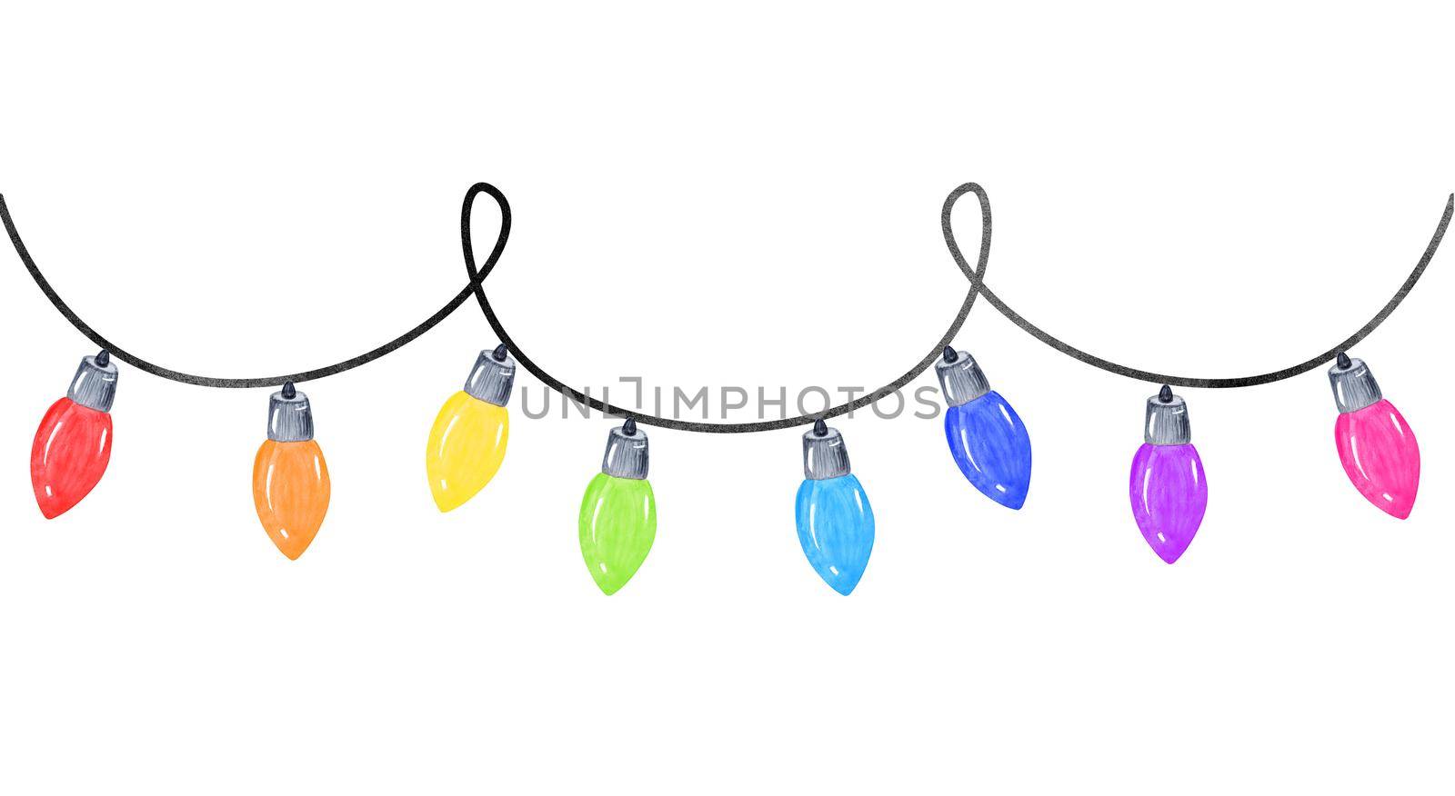 watercolor curly garland with color lightbulbs isolated on white background. Christmas border for cards and invitations