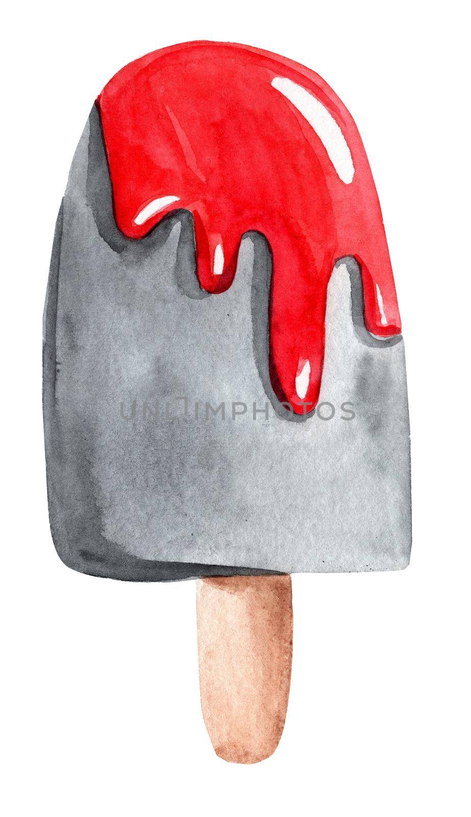 watercolor red and black ice cream on white background. Bloody scary dessert for halloween