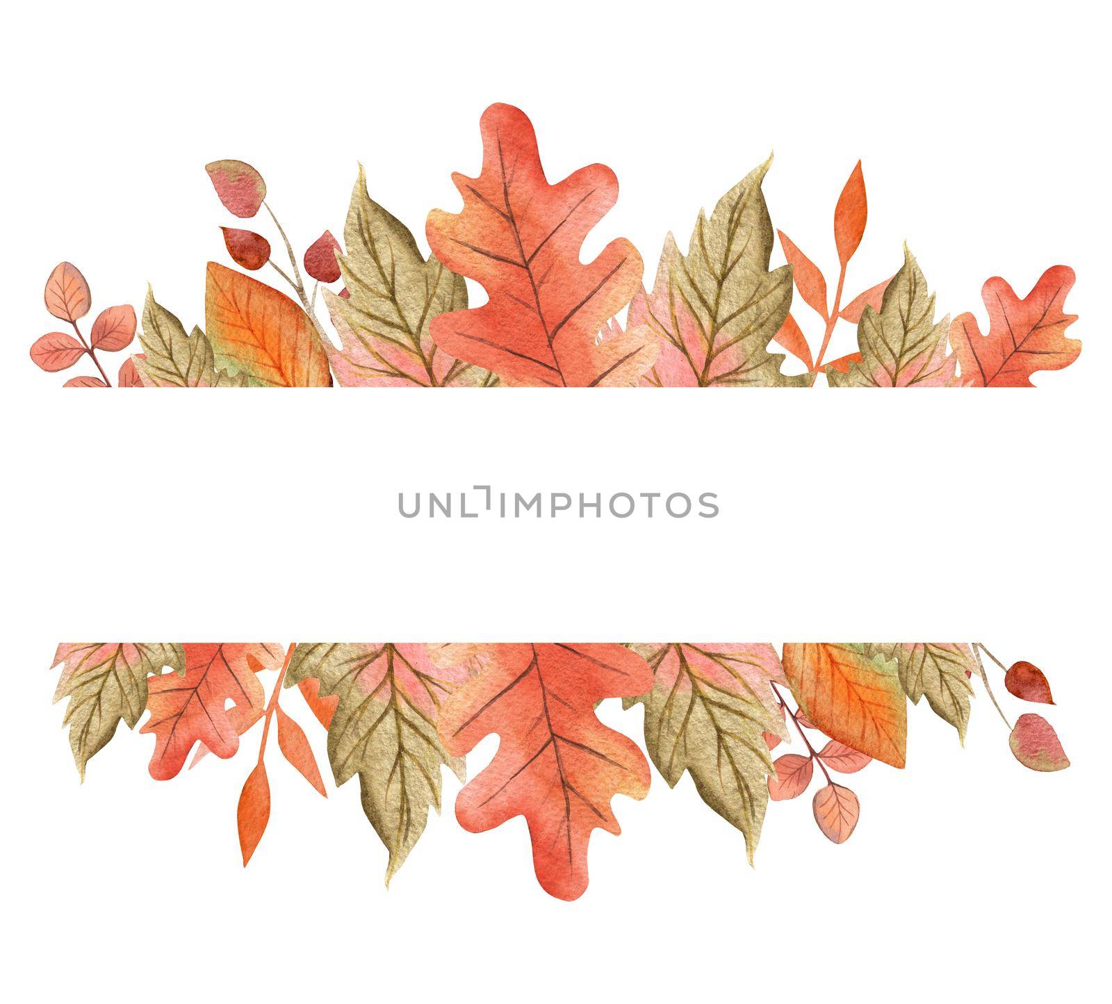 watercolor autumn leaves horizontal border isolated on white background. For greeting cards, wedding invitations, banners