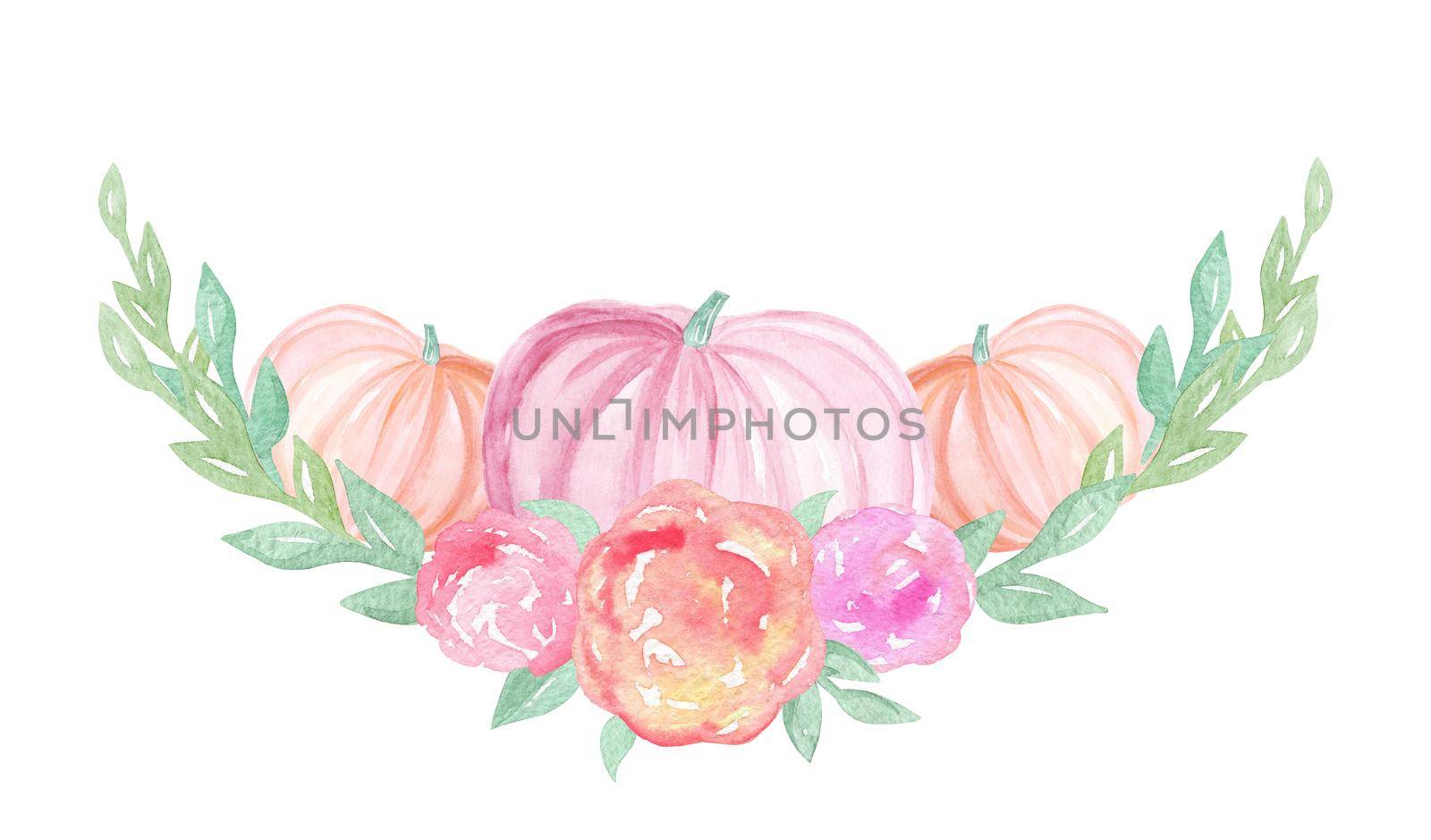 watercolor pastel pink pumpkins with flower decoration border isolated on white background