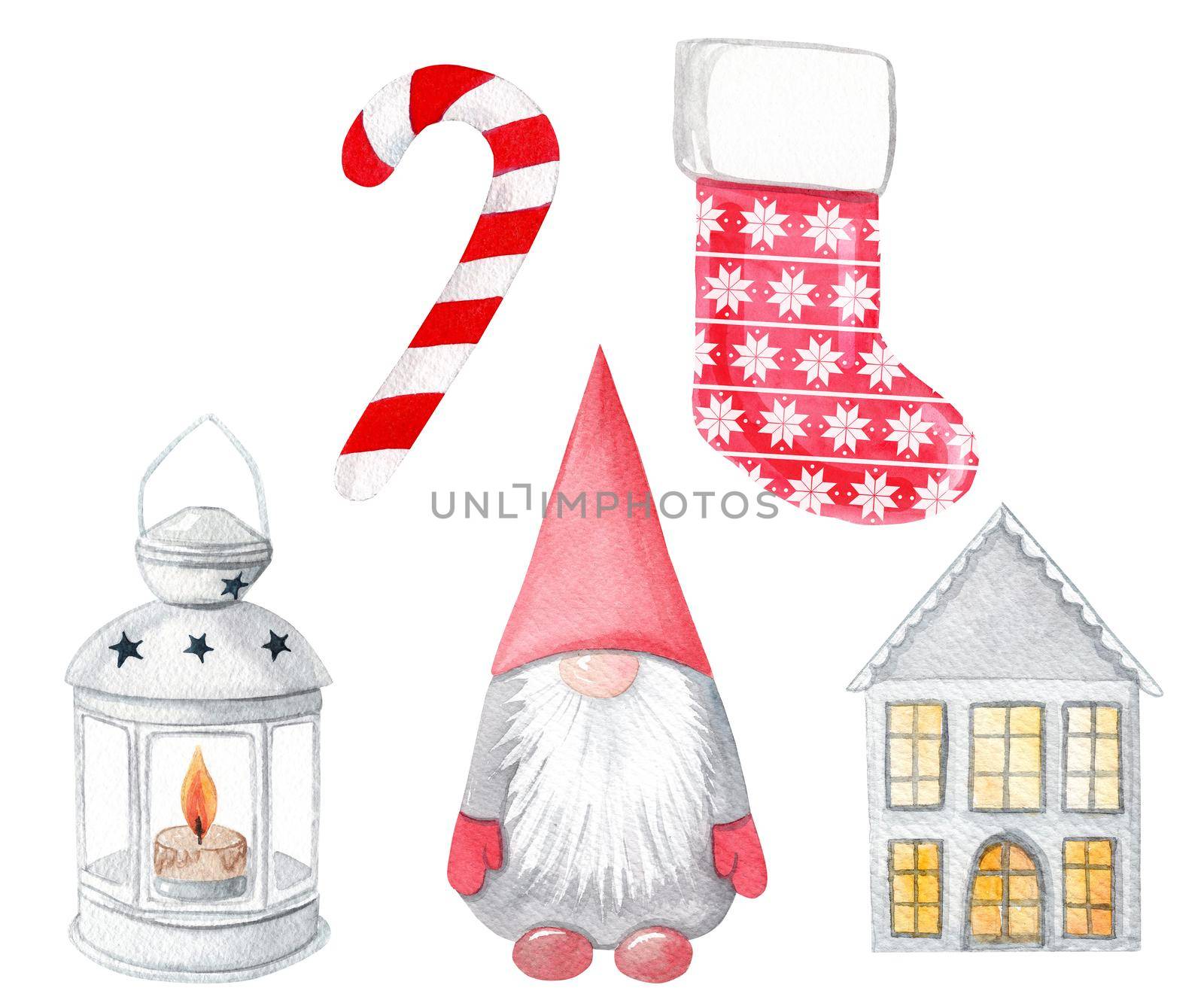 Watercolor red and gray christmas set isolated on white background. Scandinavian gnome, stocking, house, candy cane, candle