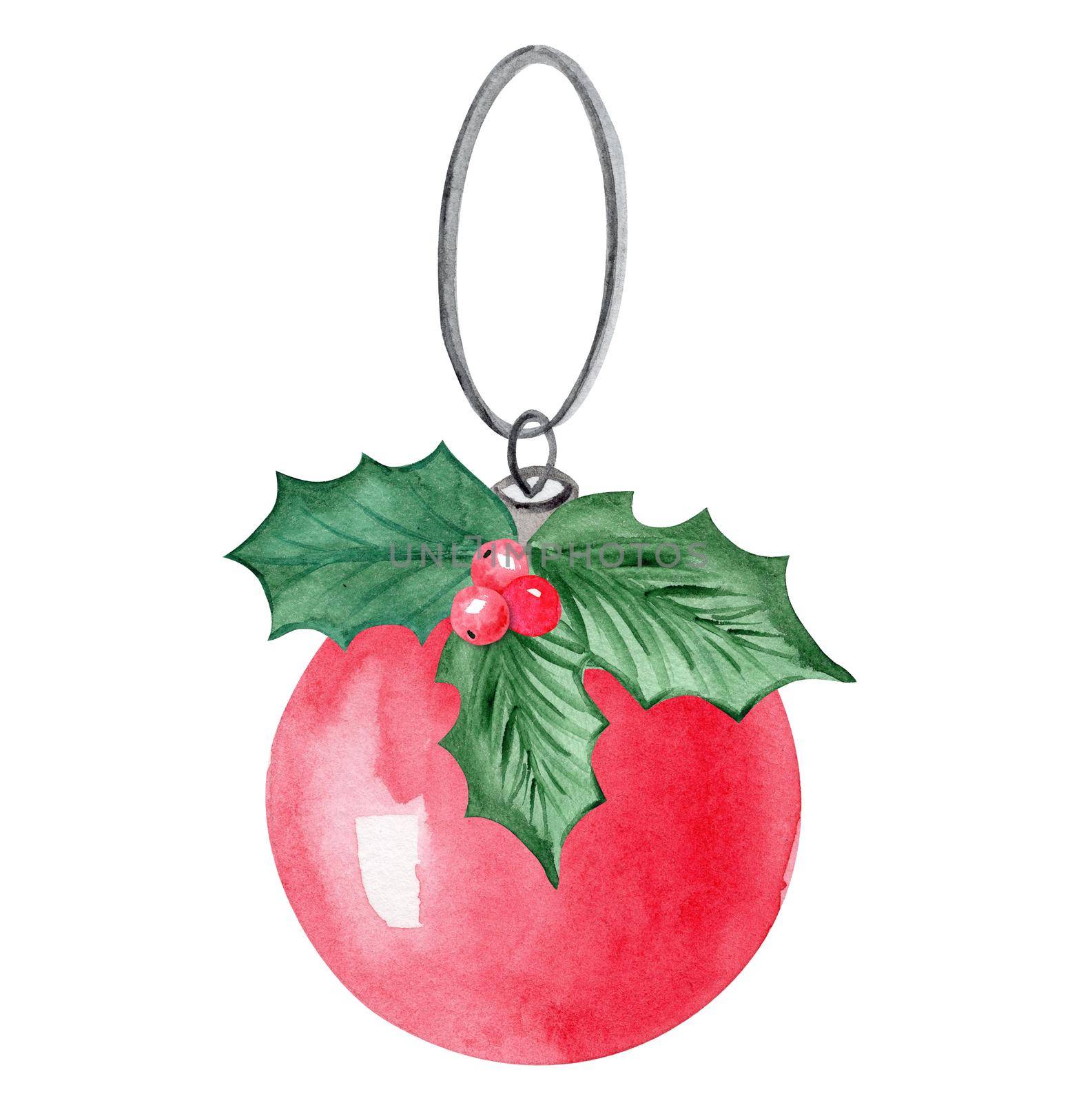 watercolor christmas ornament on white background. red holiday toy with holly decor by dreamloud