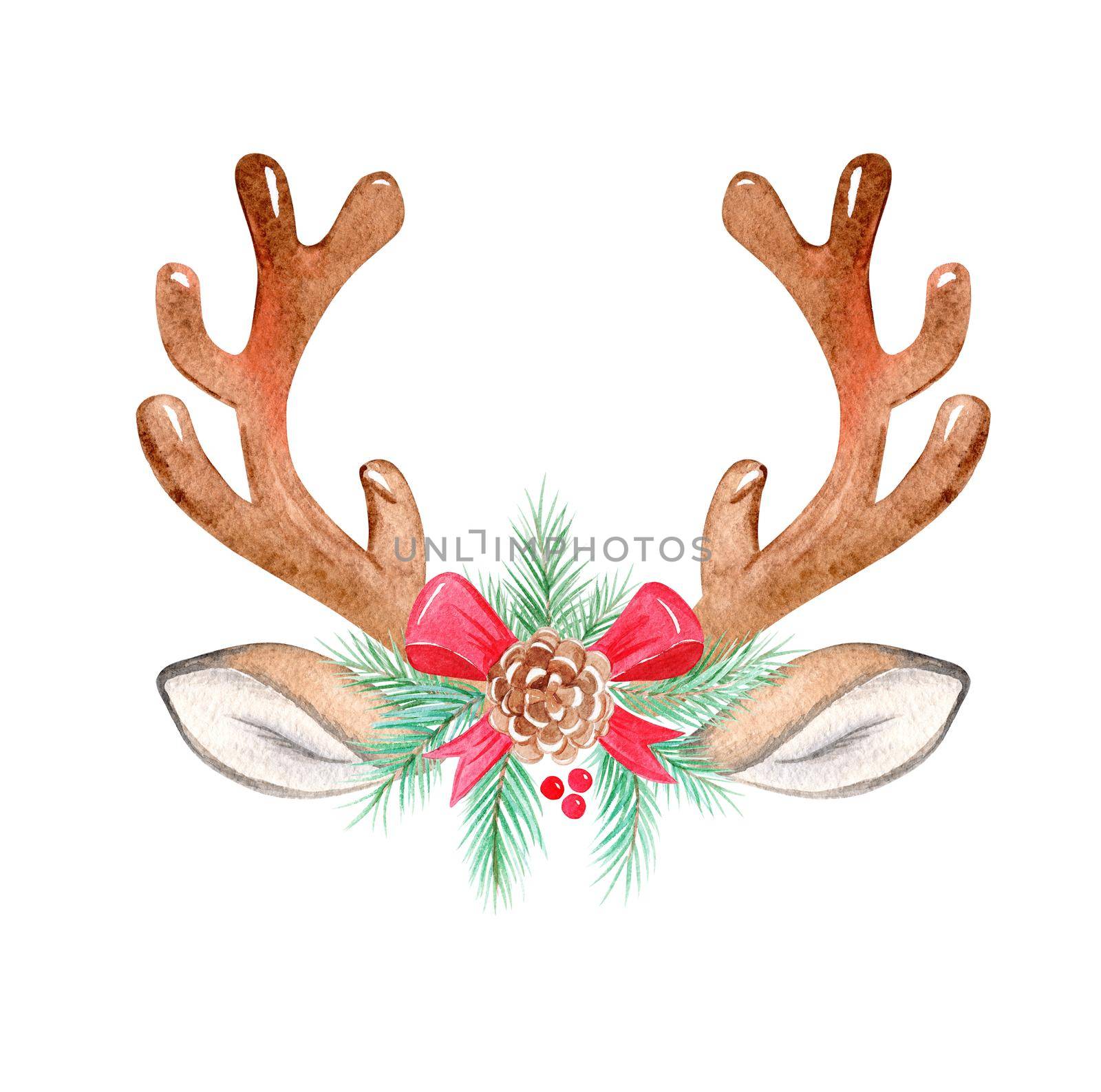 watercolor deer antler with christmas decor isolated on white background