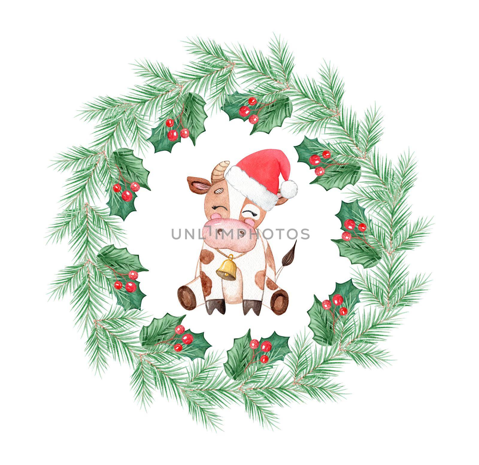 watercolor brown cow in santa's hat in christmas wreath frame isolated on white background. Holiday greeting card