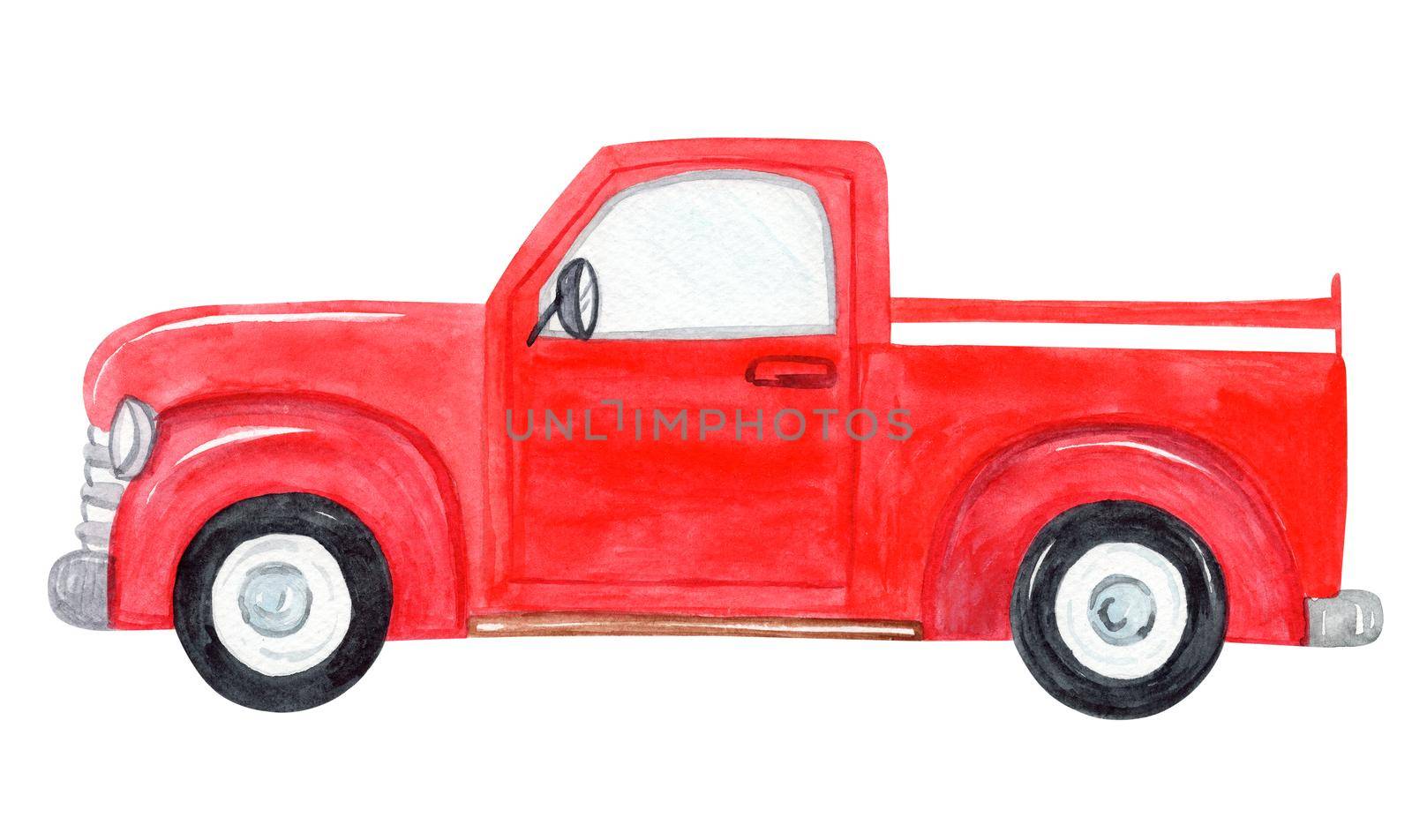 watercolor red truck side view isolated on white background by dreamloud