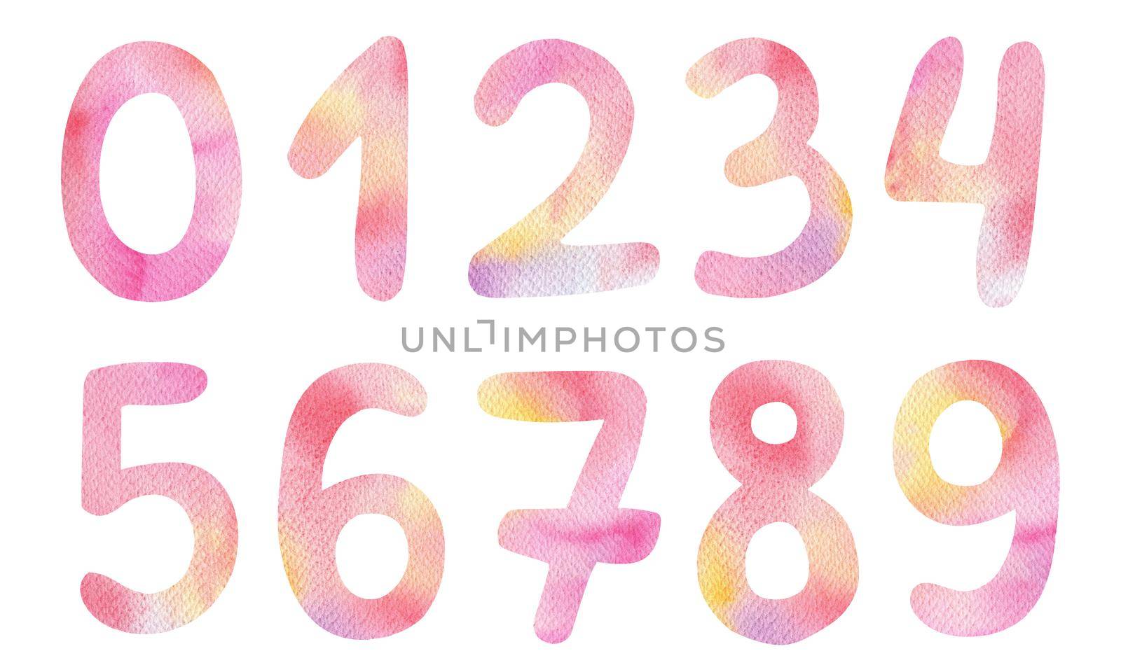 Watercolor pink gradient numbers set isolated on white background. Pastel color digits