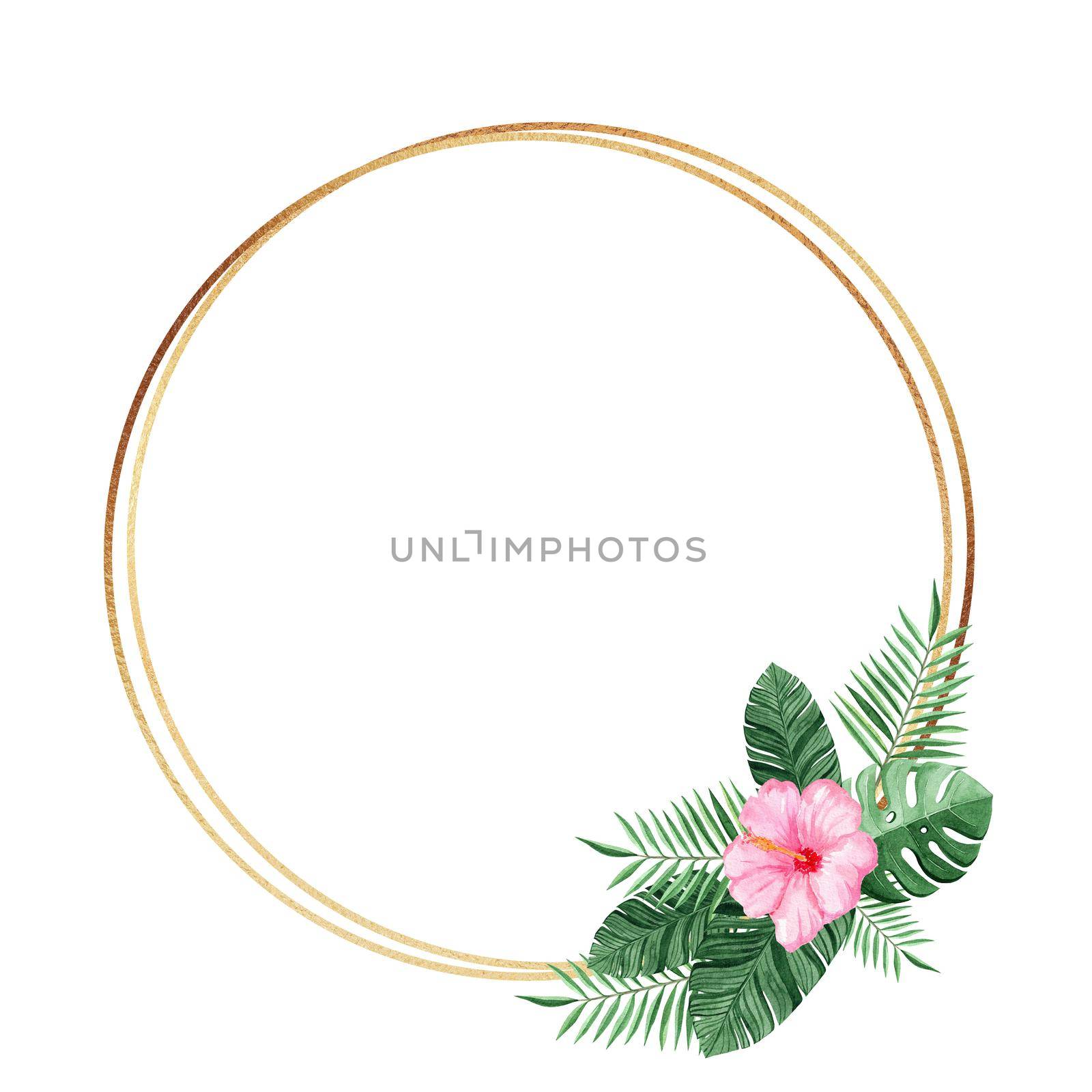 gold round frame with watercolor tropical flowers and leaves isolated on white background. For wedding invitations and cards design by dreamloud