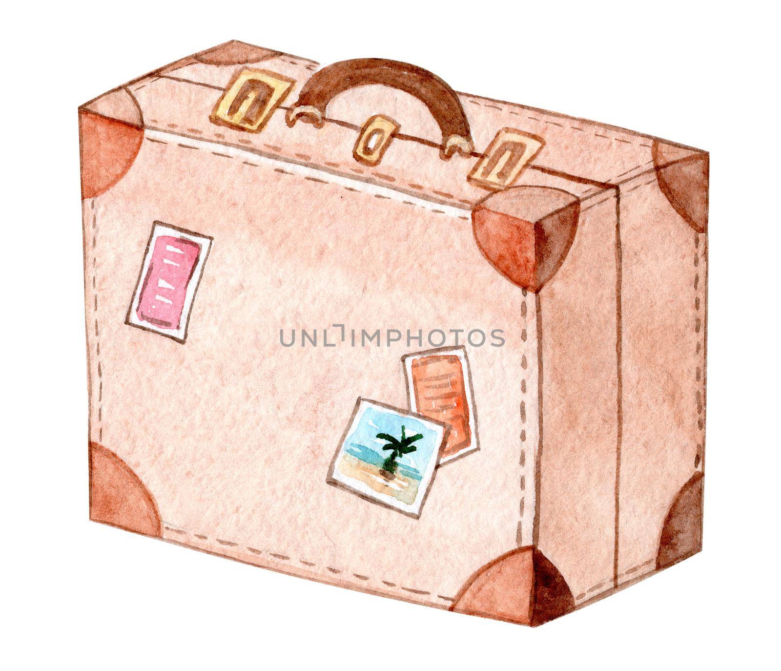 watercolor brown baggage isolated on white background. Hand drawn retro suitcase illustration by dreamloud