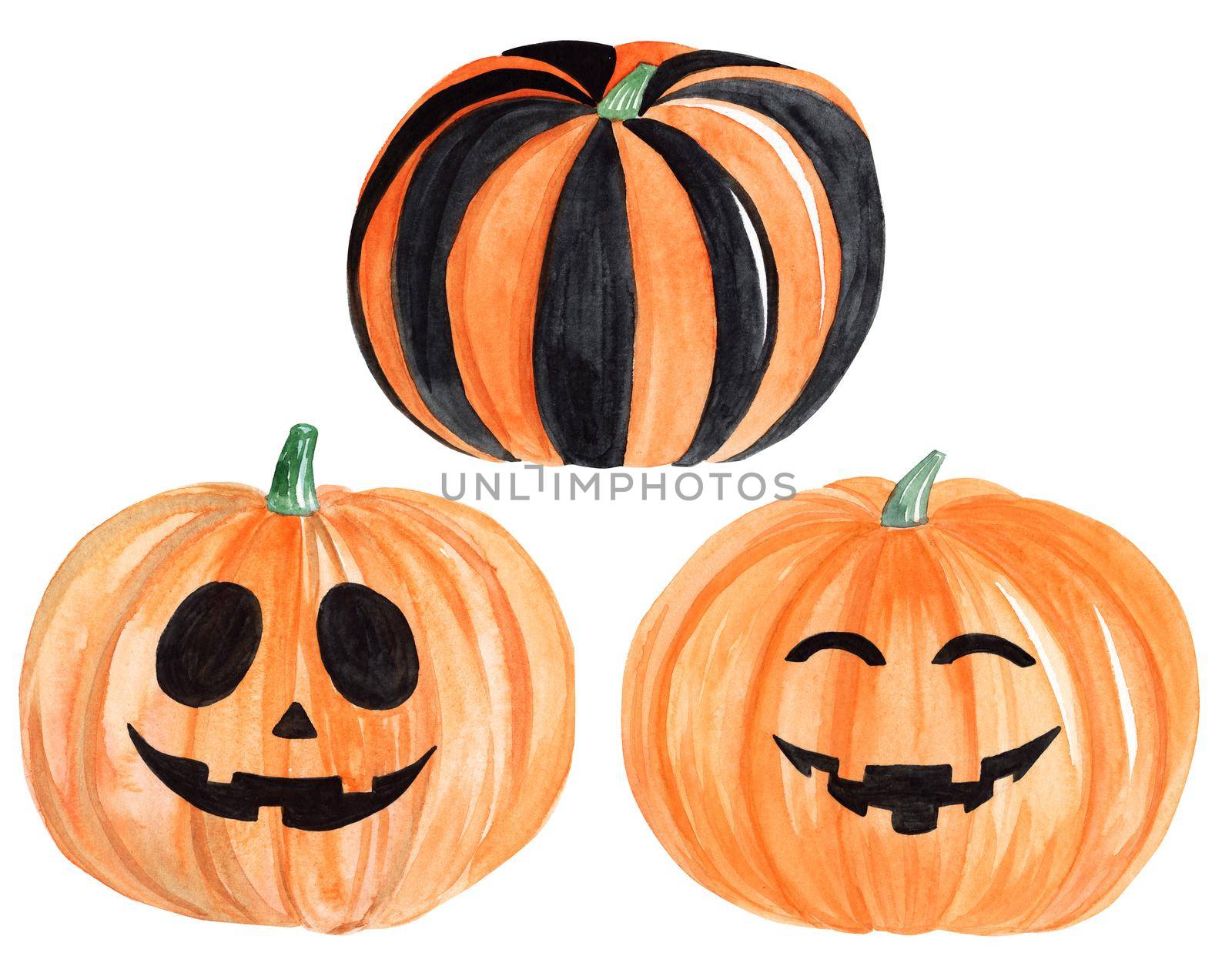 watercolor orange halloween pumpkin faces set isolated on white background for party decor, cards design by dreamloud