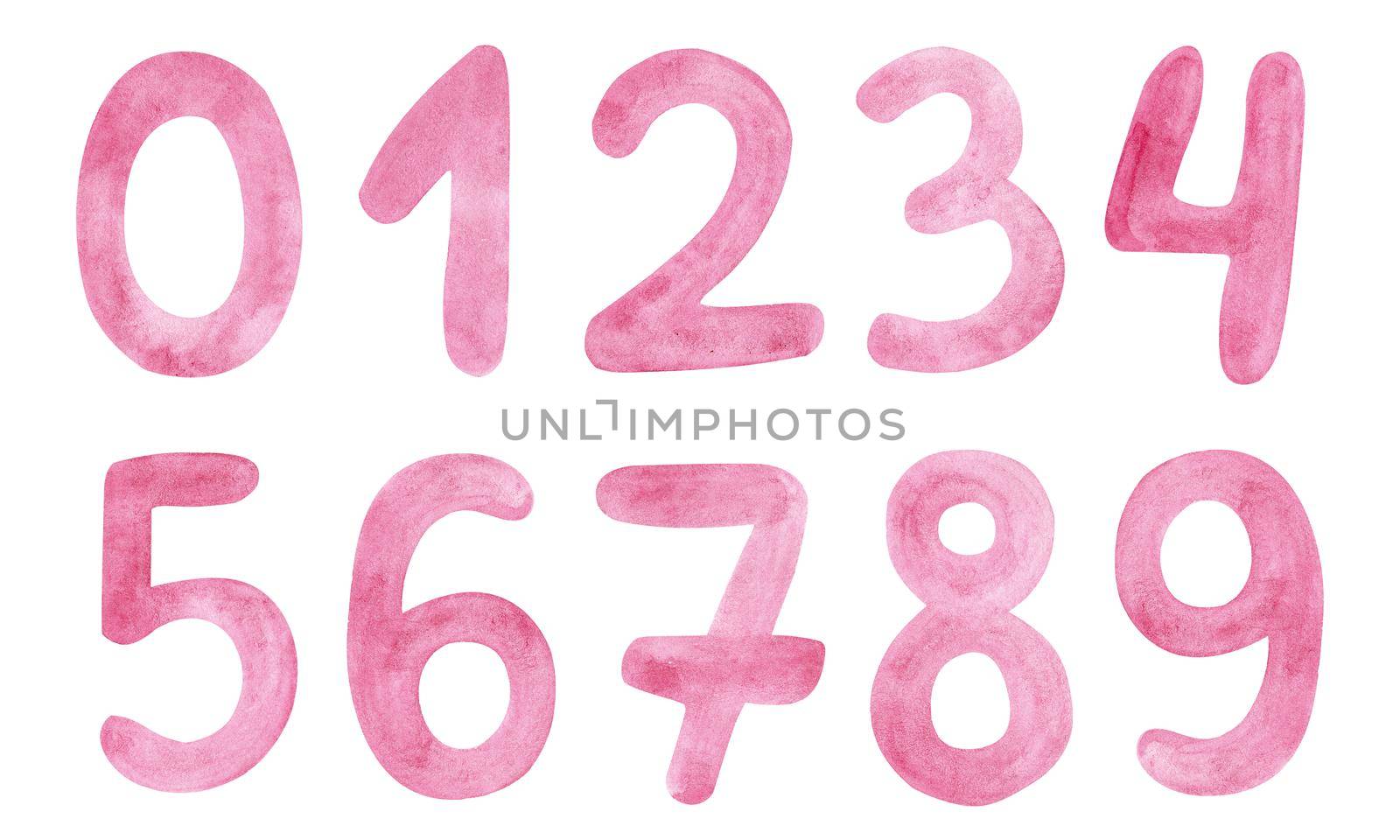 Watercolor Pink hand written numbers set isolated on white background.