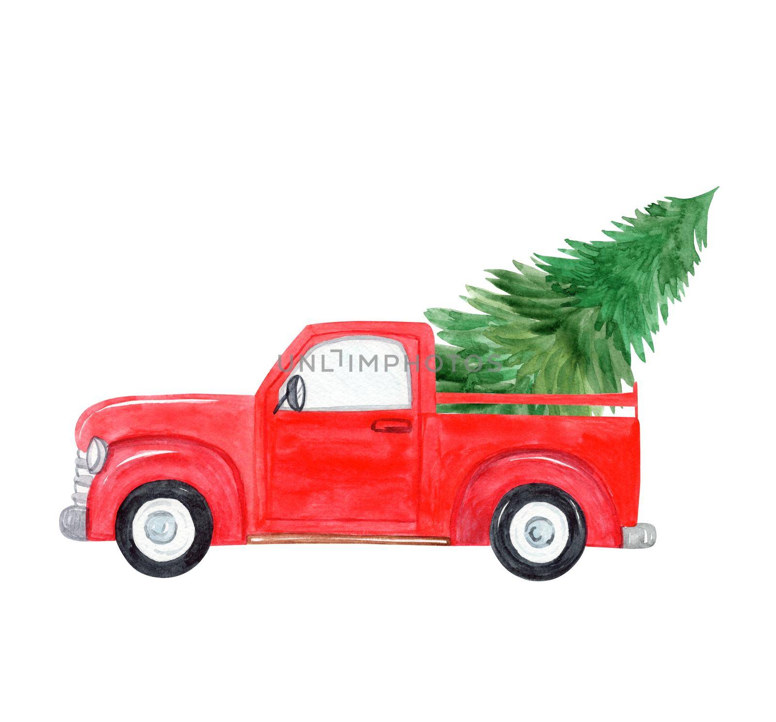 watercolor red truck with christmas tree delivery isolated on white background. Holiday greeting card by dreamloud