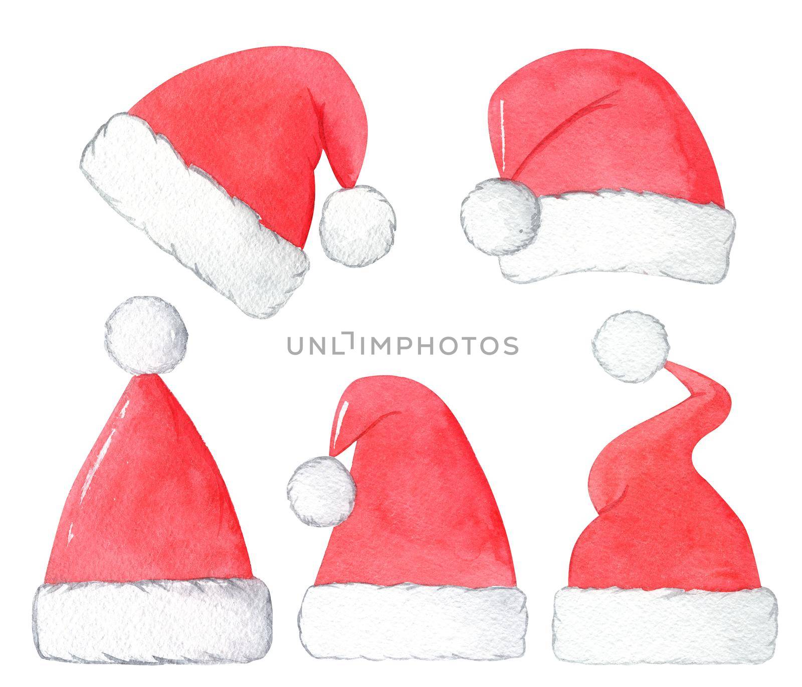 watercolor santa red hats set isolated on white background. Christmas suit. For greeting cards decoration, scrapbook, holiday decoration by dreamloud