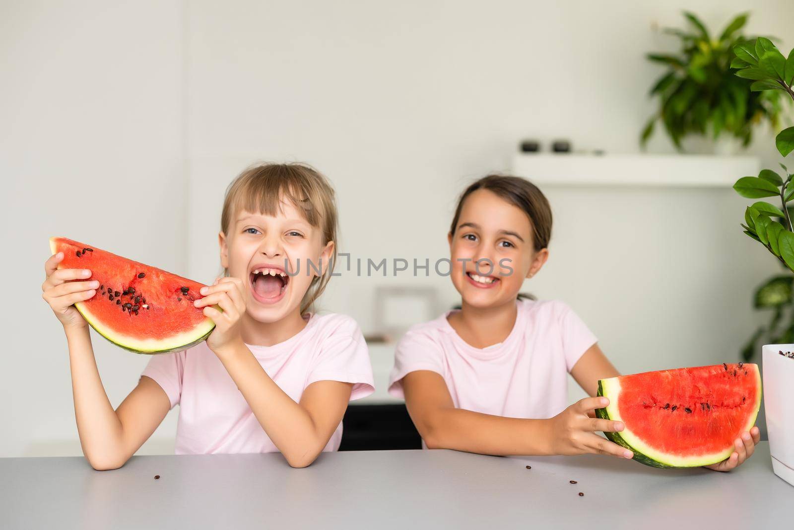 Two kids eating one slice of watermelon. Kids eat fruit outdoors. Healthy snack for children