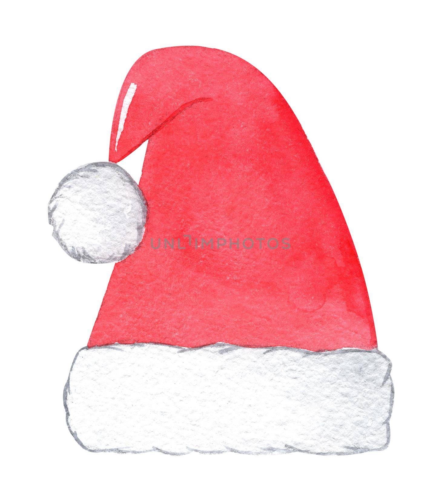 watercolor red santa hat isolated on white background. Santa cone cap illustration. Christmas decoration by dreamloud