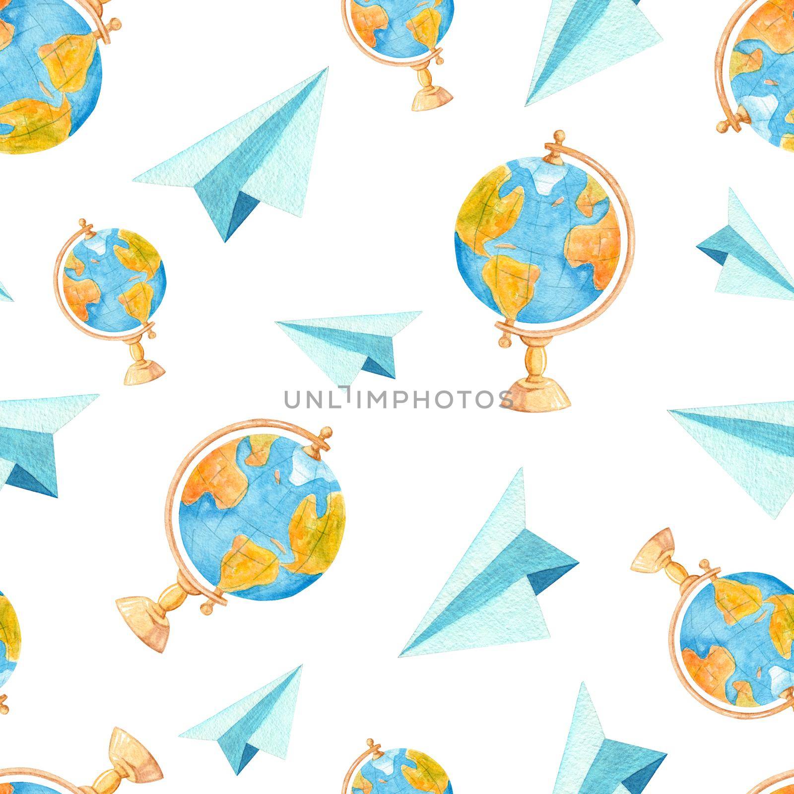 watercolor paper airplanes and school globes seamless pattern on white background. For fabric, textile, wrapping, scrapbooking by dreamloud