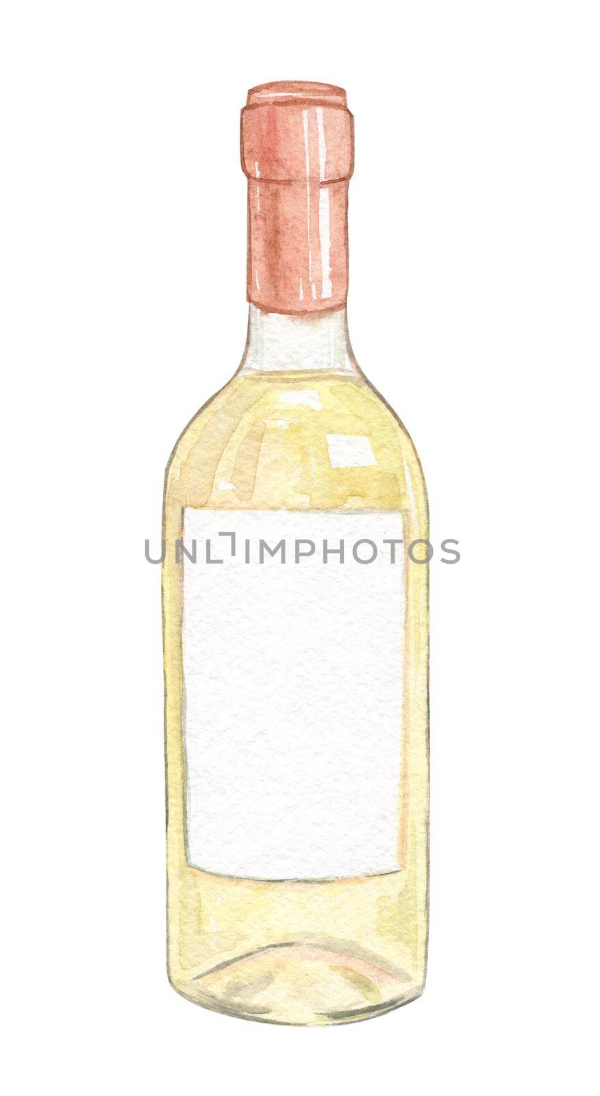 watercolor white wine bottle isolated on white background. Glass package with alcohol and empty label