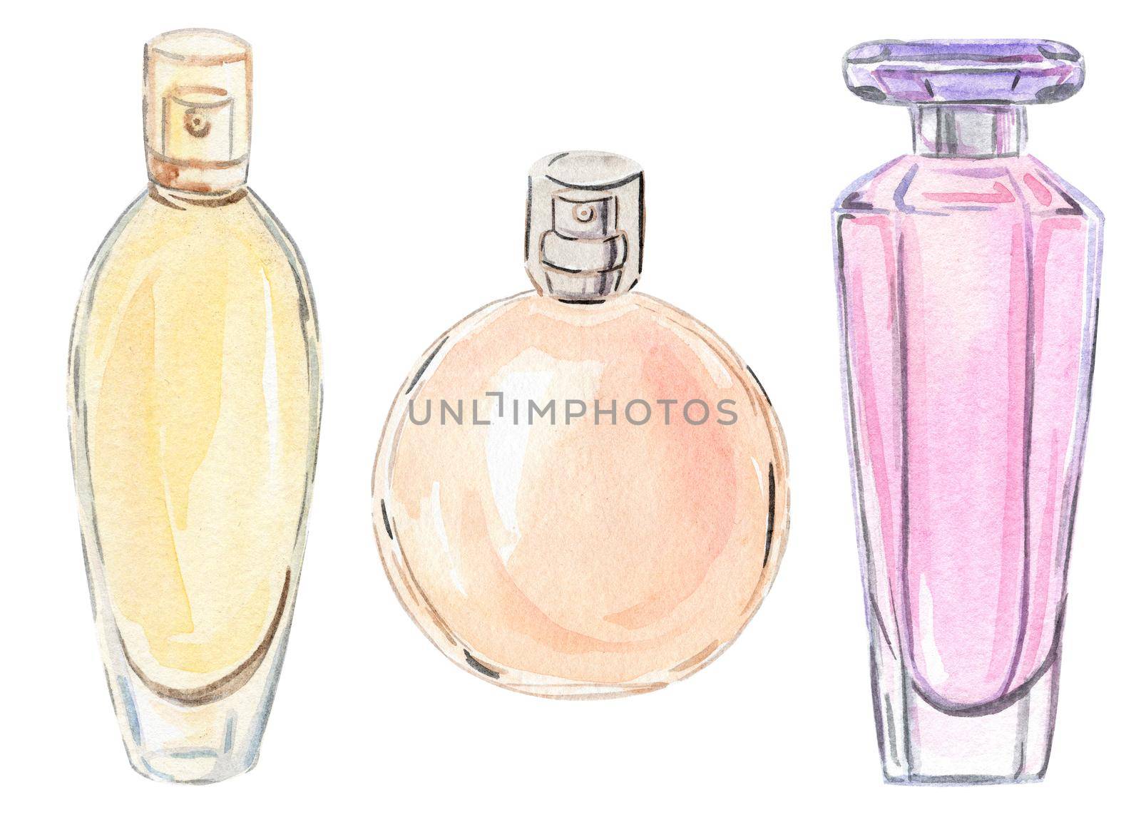 watercolor pink and yellow perfume glass bottles set hand drawn isolated on white background