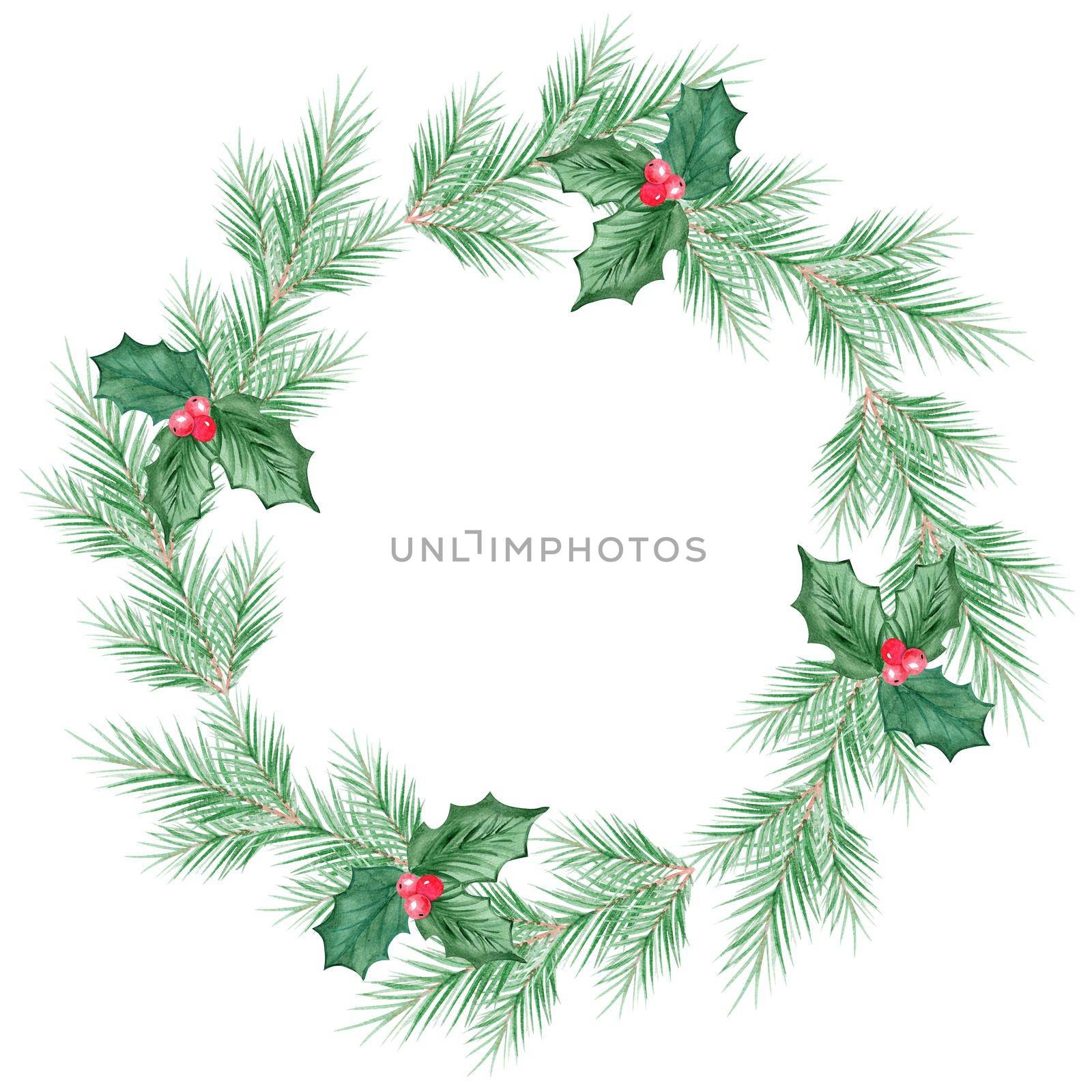 watercolor christmas wreath with green holly leaves fir tree branches and red berries on white background by dreamloud