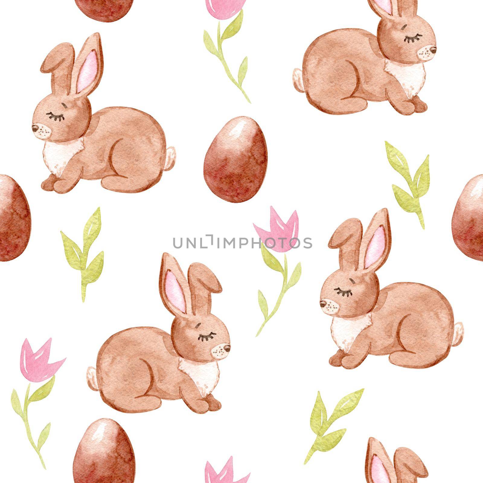 Watercolor hand drawn easter brown bunny and chocolate eggs and flowers seamless pattern on white background.Can be used as invitation template ,scrapbooking, wallpaper,fabric,textile,wrapping paper by dreamloud