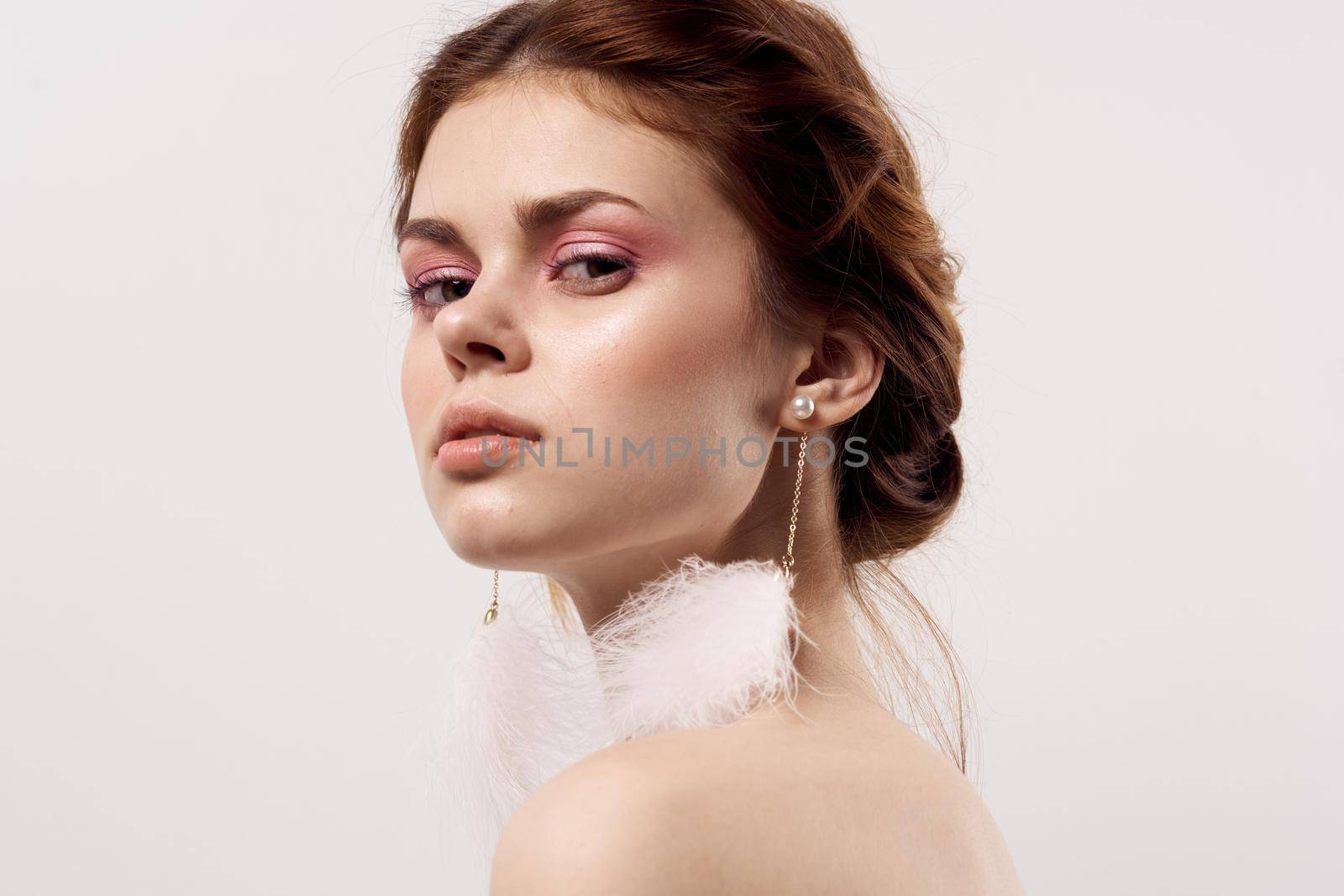 Cheerful Woman Bare Shoulders Fluffy Earrings Cosmetics Jewelry by SHOTPRIME