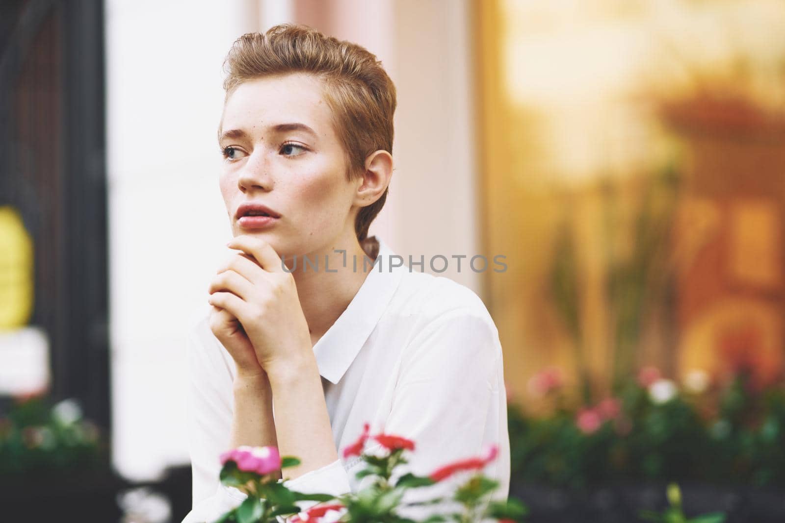 short haired woman reading walk in the fresh air education. High quality photo