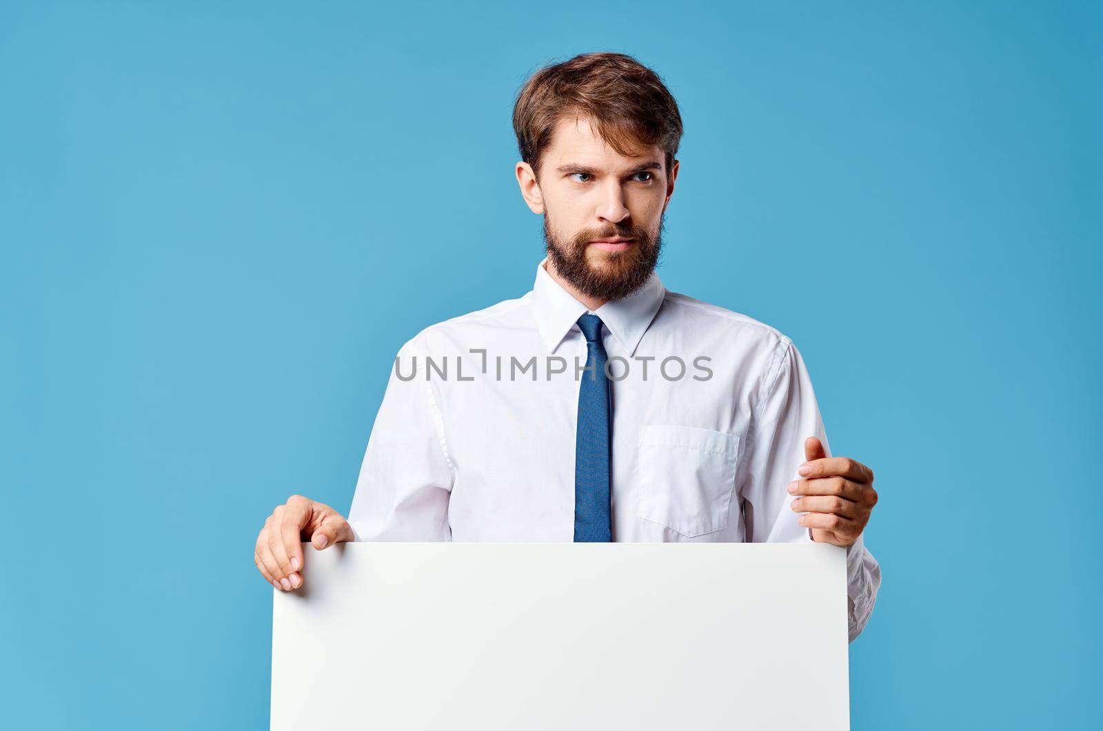 manager advertising white banner presentation blue background. High quality photo