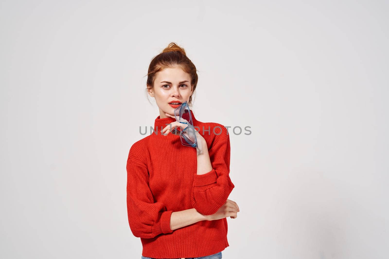 portrait of a woman Red lips attractive look isolated background. High quality photo