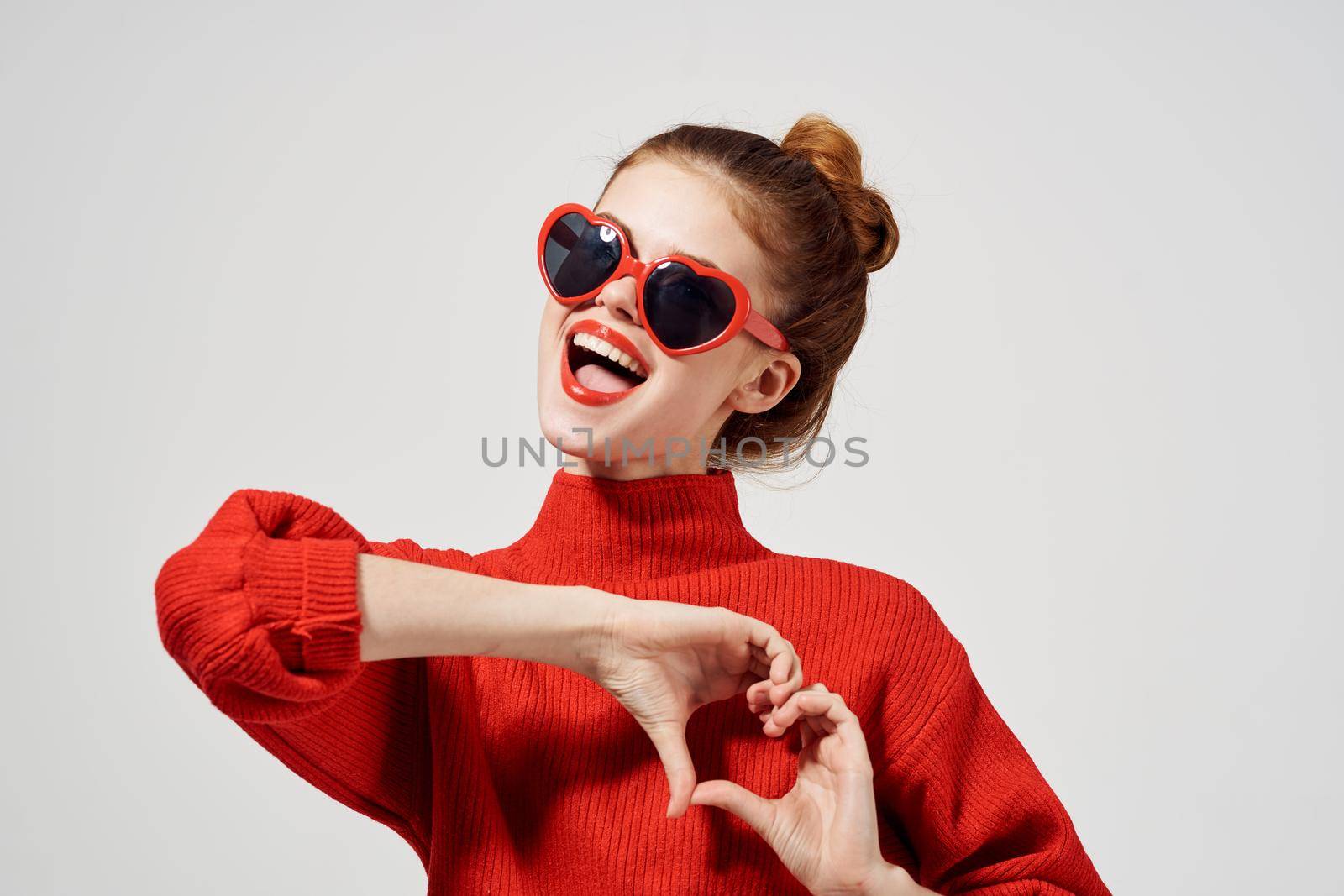 beautiful woman modern style sunglasses isolated background. High quality photo