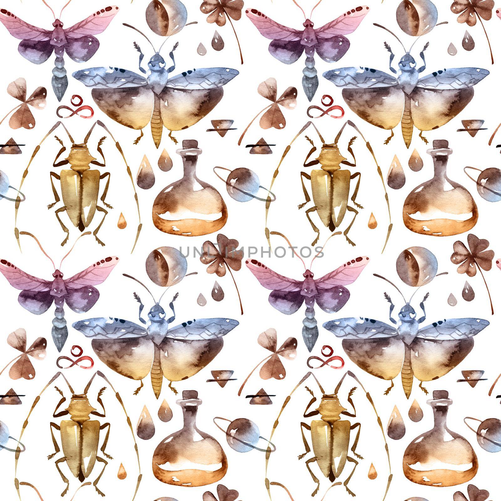 Watercolor seamless pattern in vintage style of alchemy objects and signs on white background