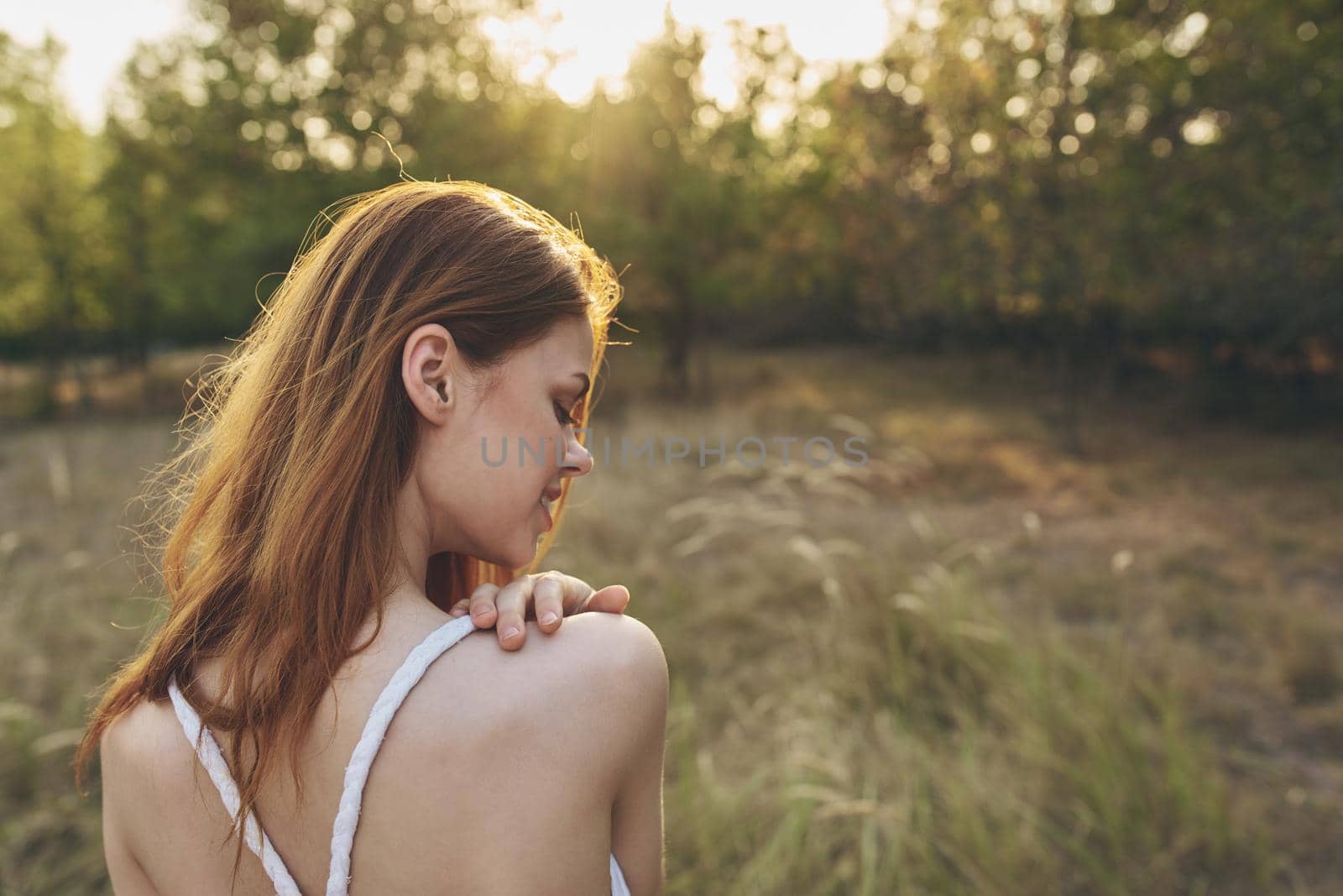 pretty woman in field nature sun posing rest by SHOTPRIME