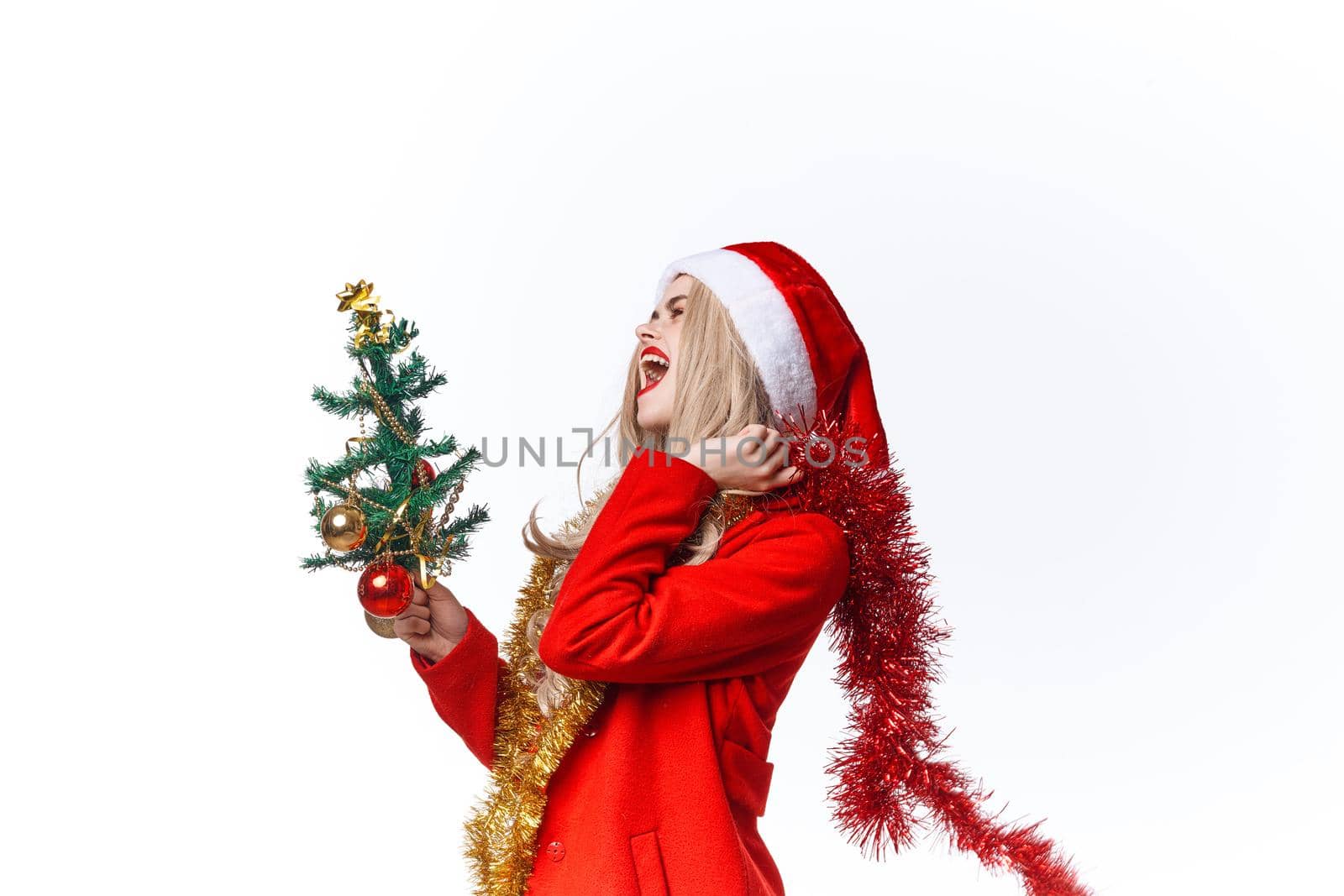 woman dressed as Santa holiday decoration Christmas tree. High quality photo