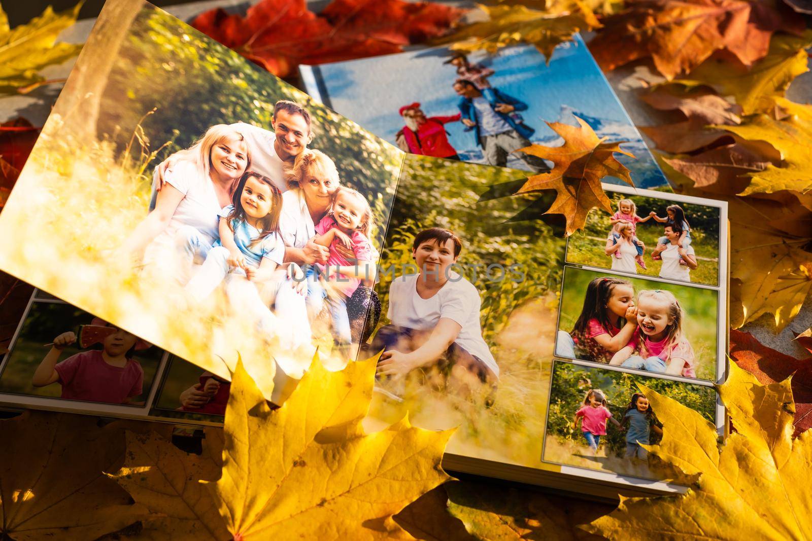 Autumn yellow leaves and family photobook. fall leaves arranged for a photo book background