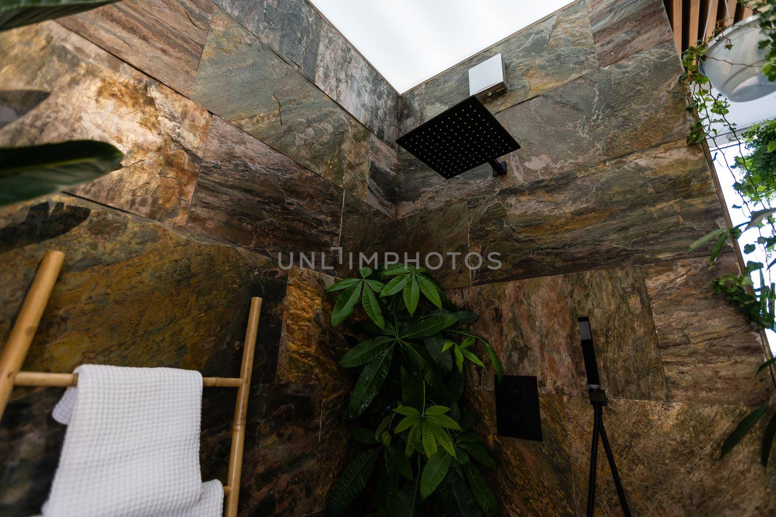 Stylish interior of bathroom with green houseplants.