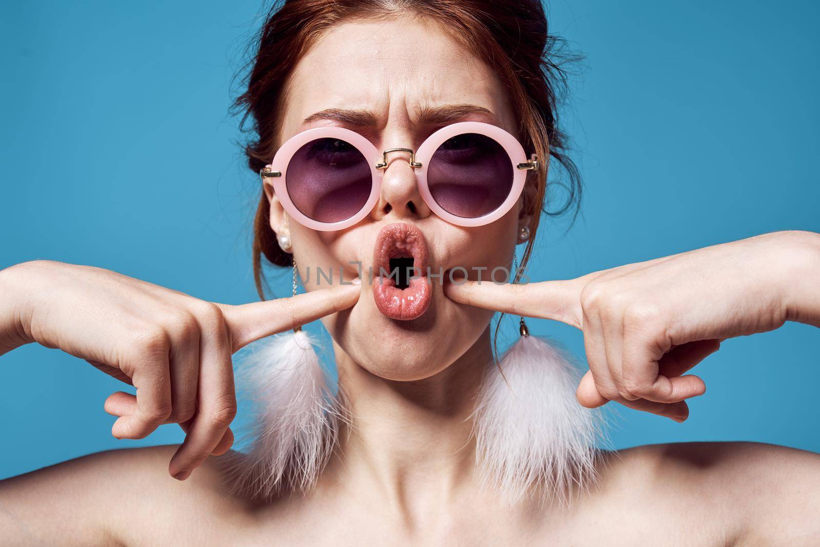 cheerful woman with bare shoulders round glasses decoration emotions by SHOTPRIME