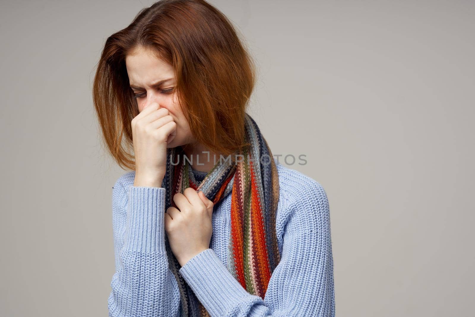 sick woman health problems temperature isolated background. High quality photo