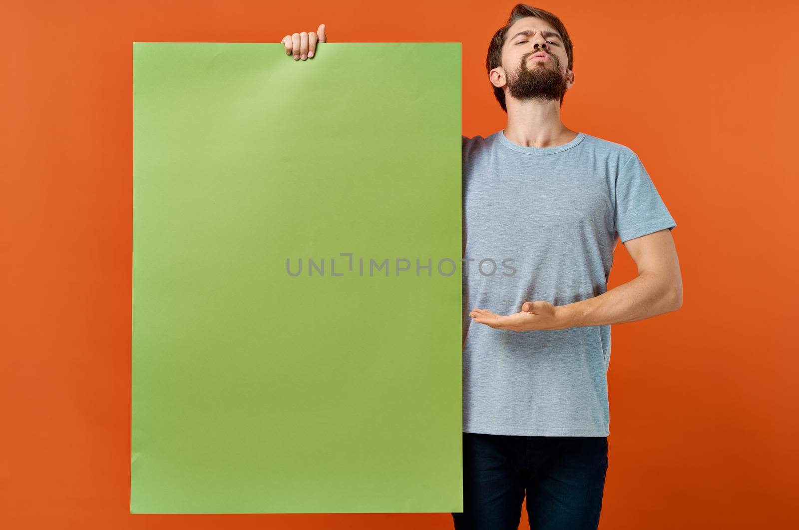 bearded man green mockup Poster discount isolated background. High quality photo