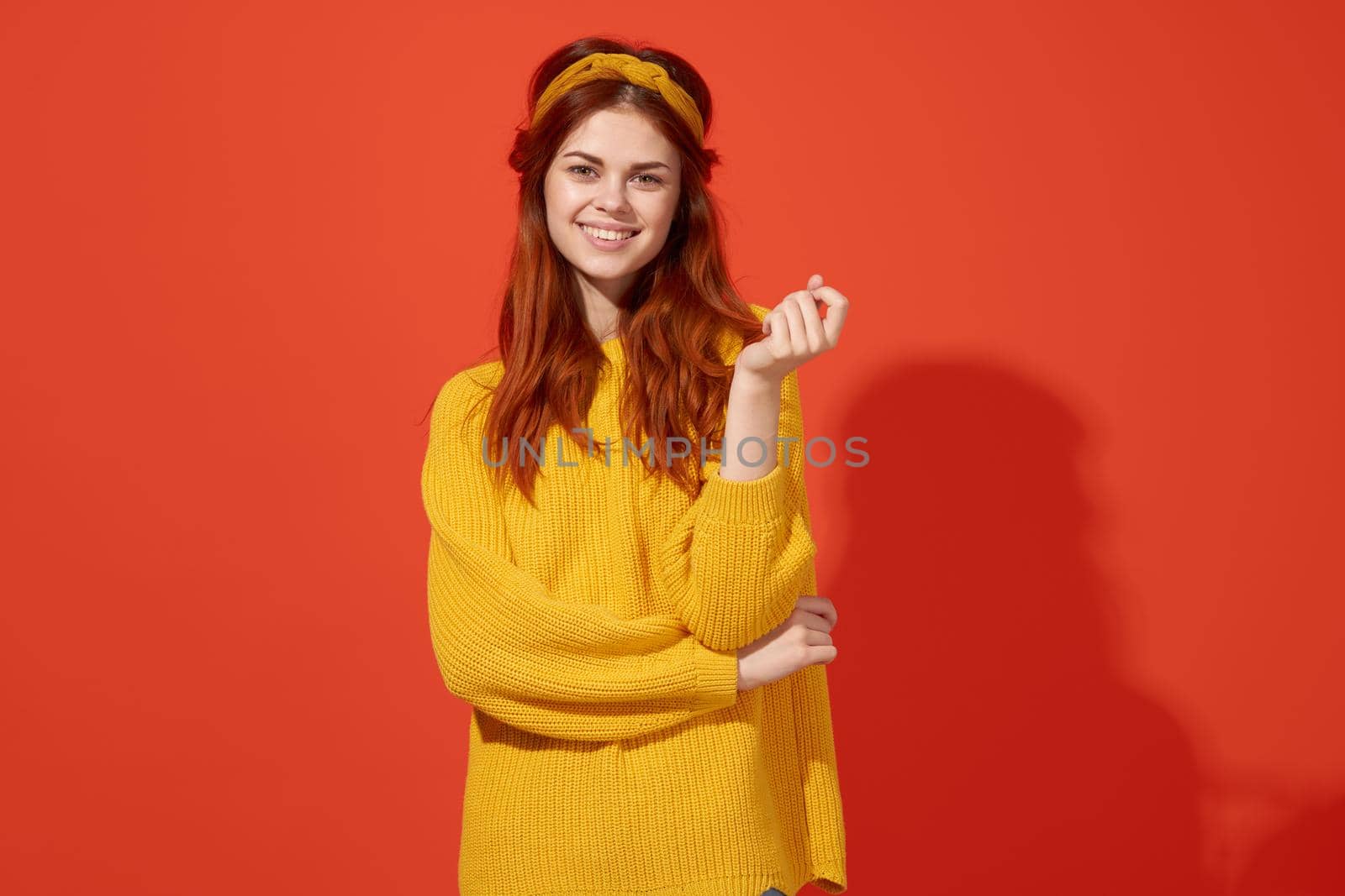 funny woman with yellow headband hippie fashion funky. High quality photo