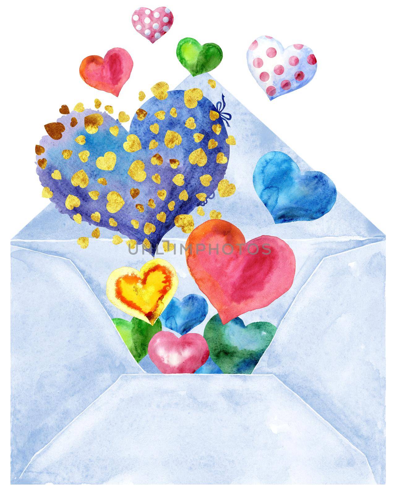 Watercolor hand-drawn illustration of an envelope with hearts on a white background isolated