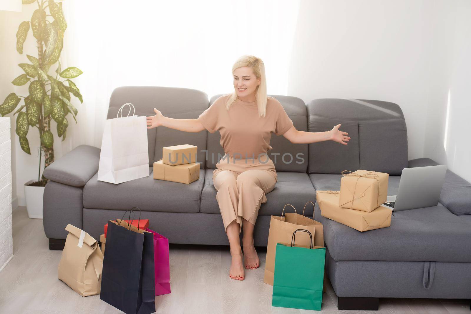 Woman and shopping bags at home. black Friday. by Andelov13