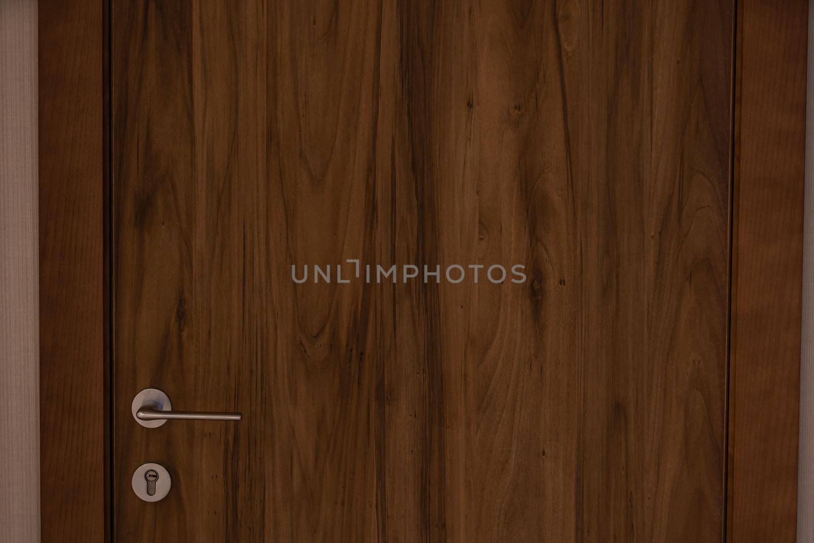 Brown wooden door with a handle.