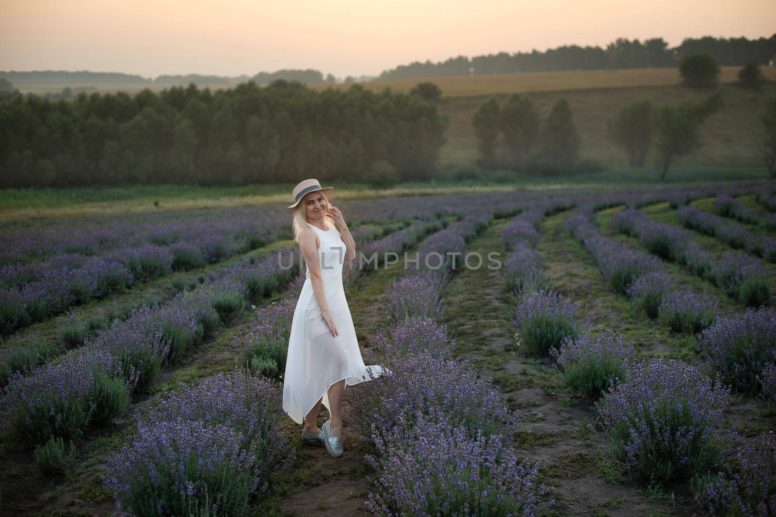 Beautiful young woman wearing a white dress walking in the middle of a lavender field in bloom by Andelov13