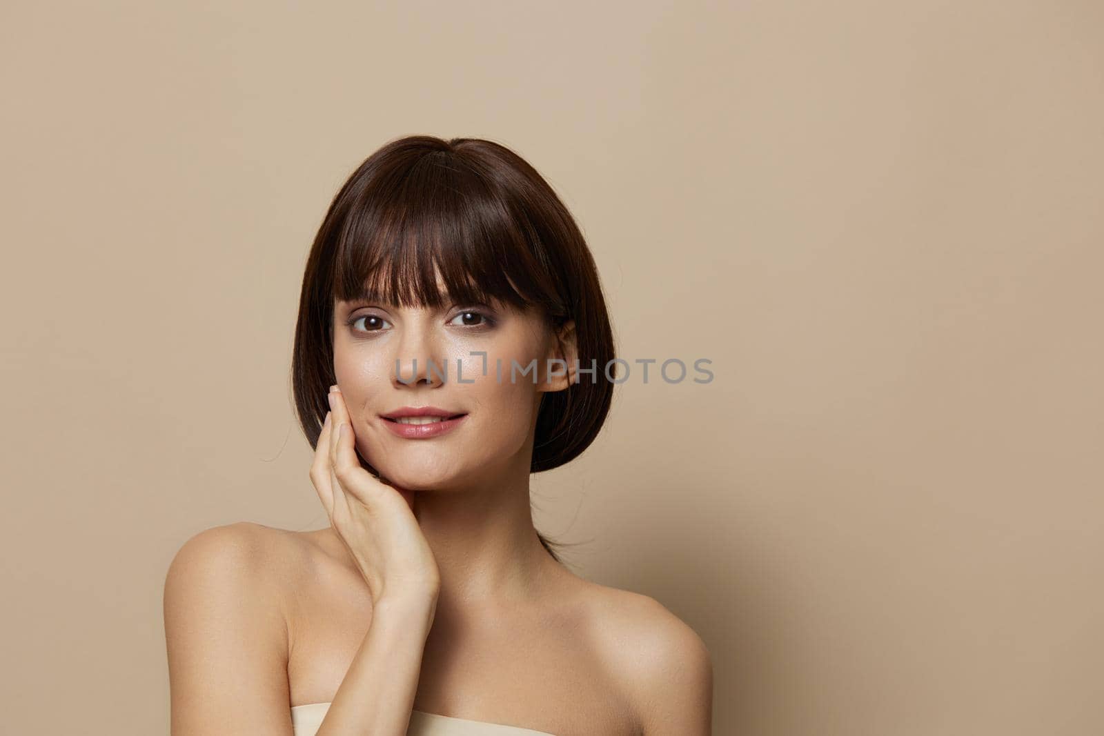 brunette cosmetics attractive look posing clean skin close-up Lifestyle. High quality photo