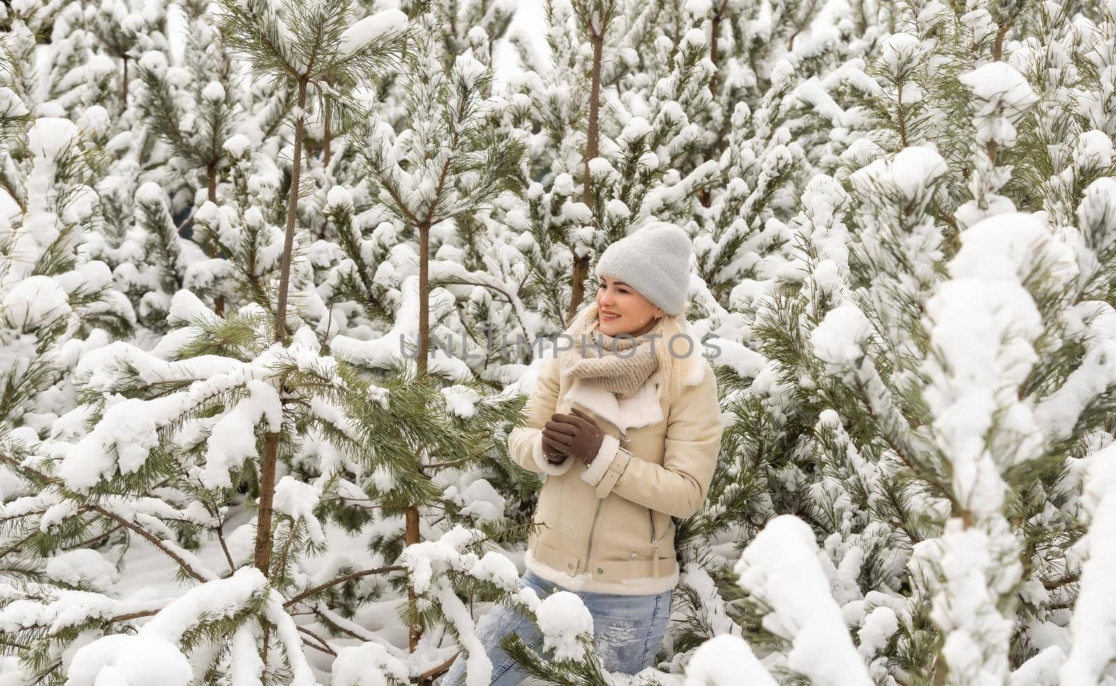 Young laughing happy Caucasian woman, pine branches in winter forest. Positive emotions, walking in snowy weather