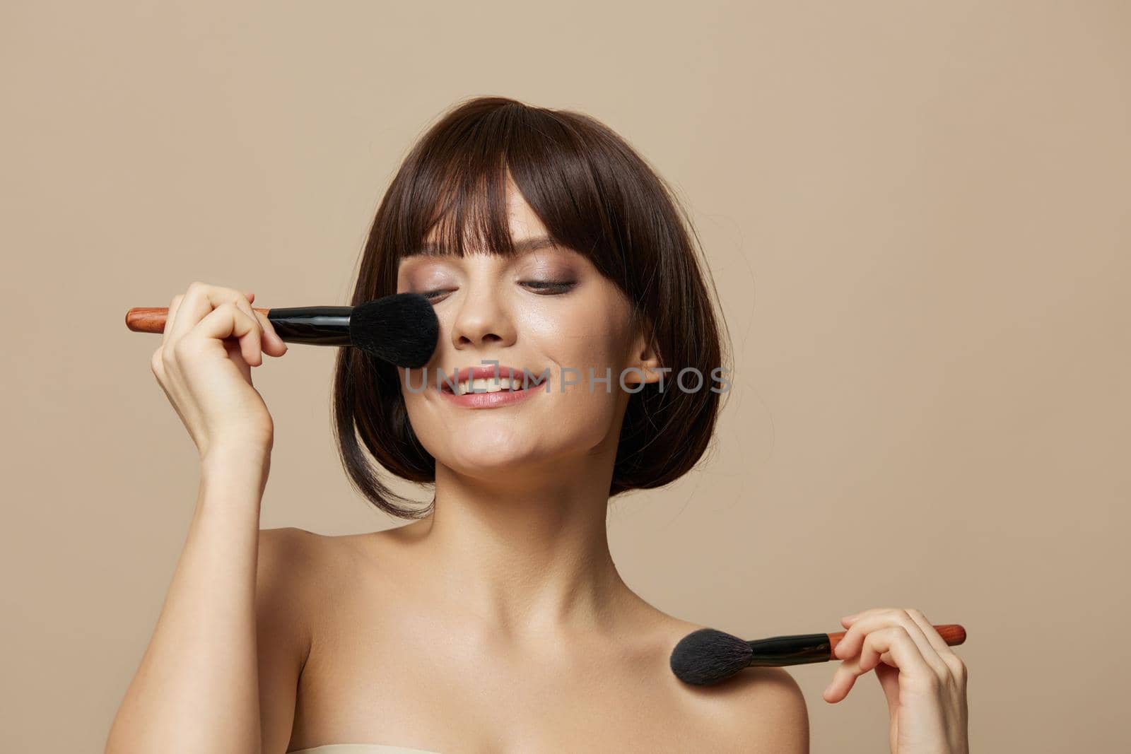 brunette smile brushes charm short haircut isolated background. High quality photo