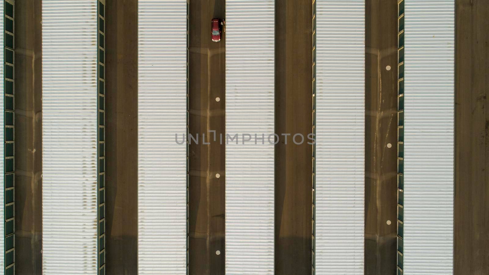 aerial image of rows of self storage units